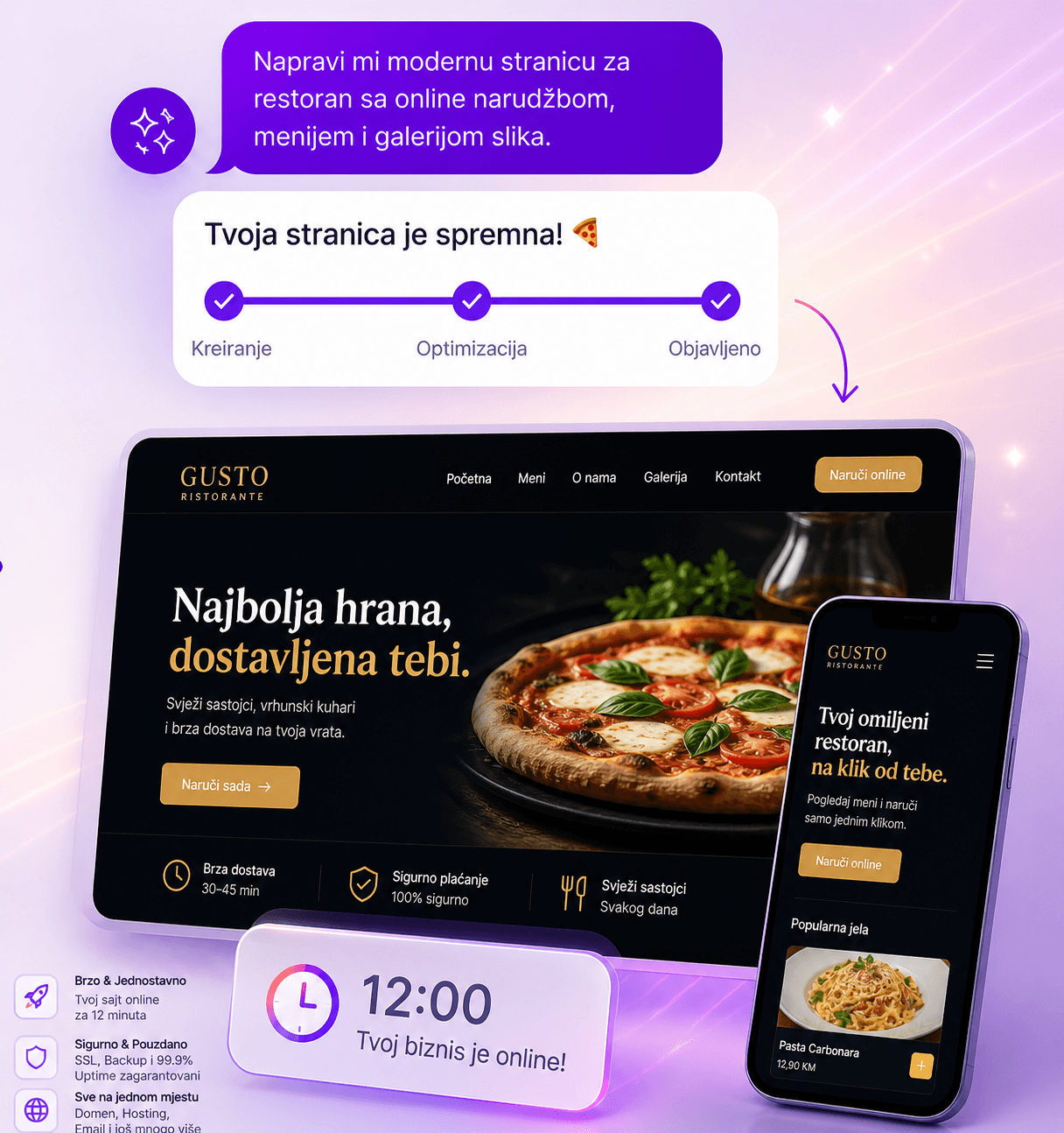 Macido Studio — primjer sajta za restoran (GUSTO Ristorante) generisan iz prompta na bosanskom: tablet i telefon prikazuju gotovu stranicu sa menijem, galerijom i online narudžbom za 12 minuta